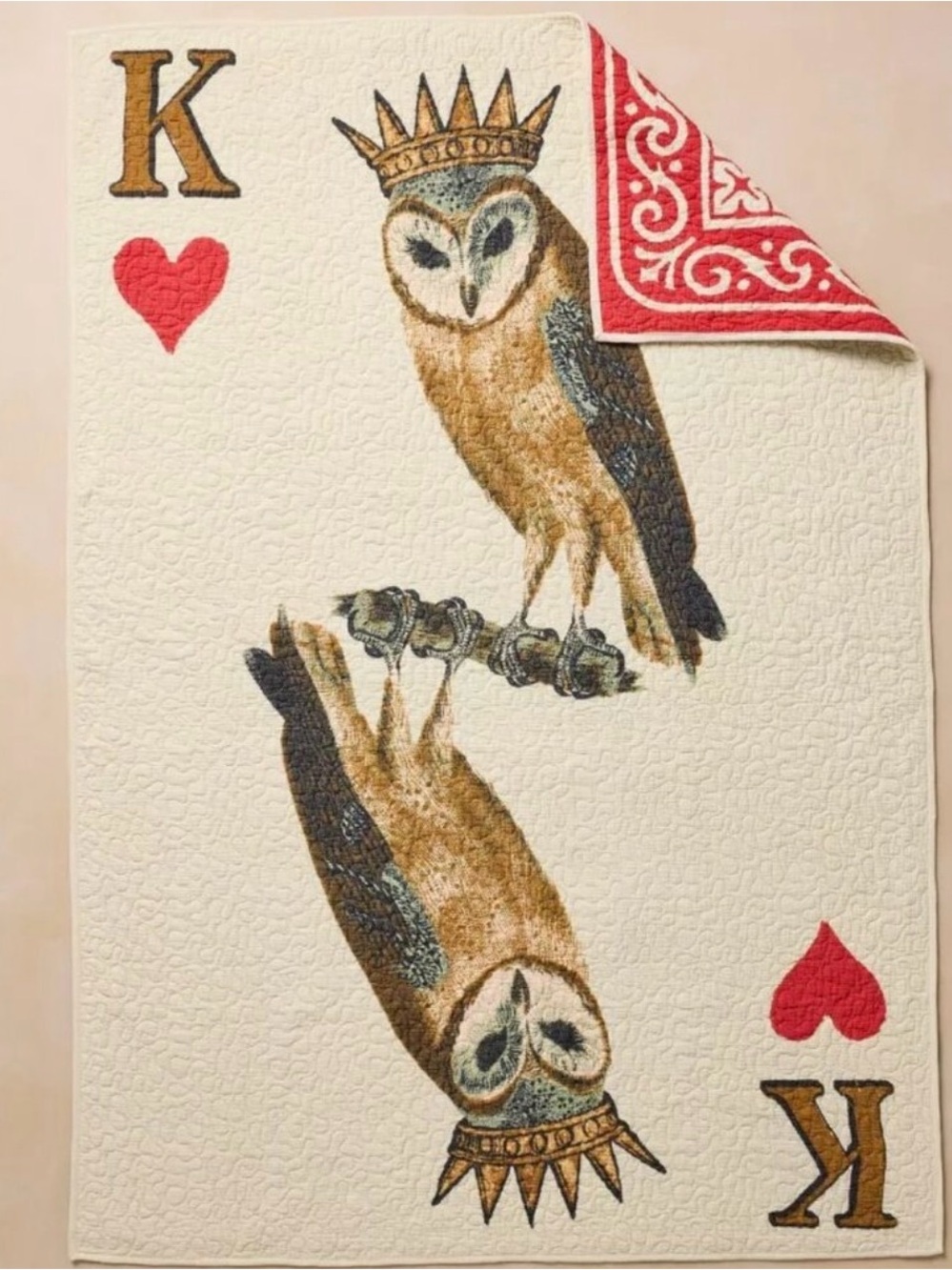 John Derian nwt Target 70"x50" Reversible King of Hearts Owl Card Quilt Blanket